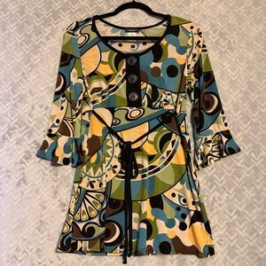 Cocomo Women’s Small Abstract Retro Print Empire Waist Bell Sleeve Top